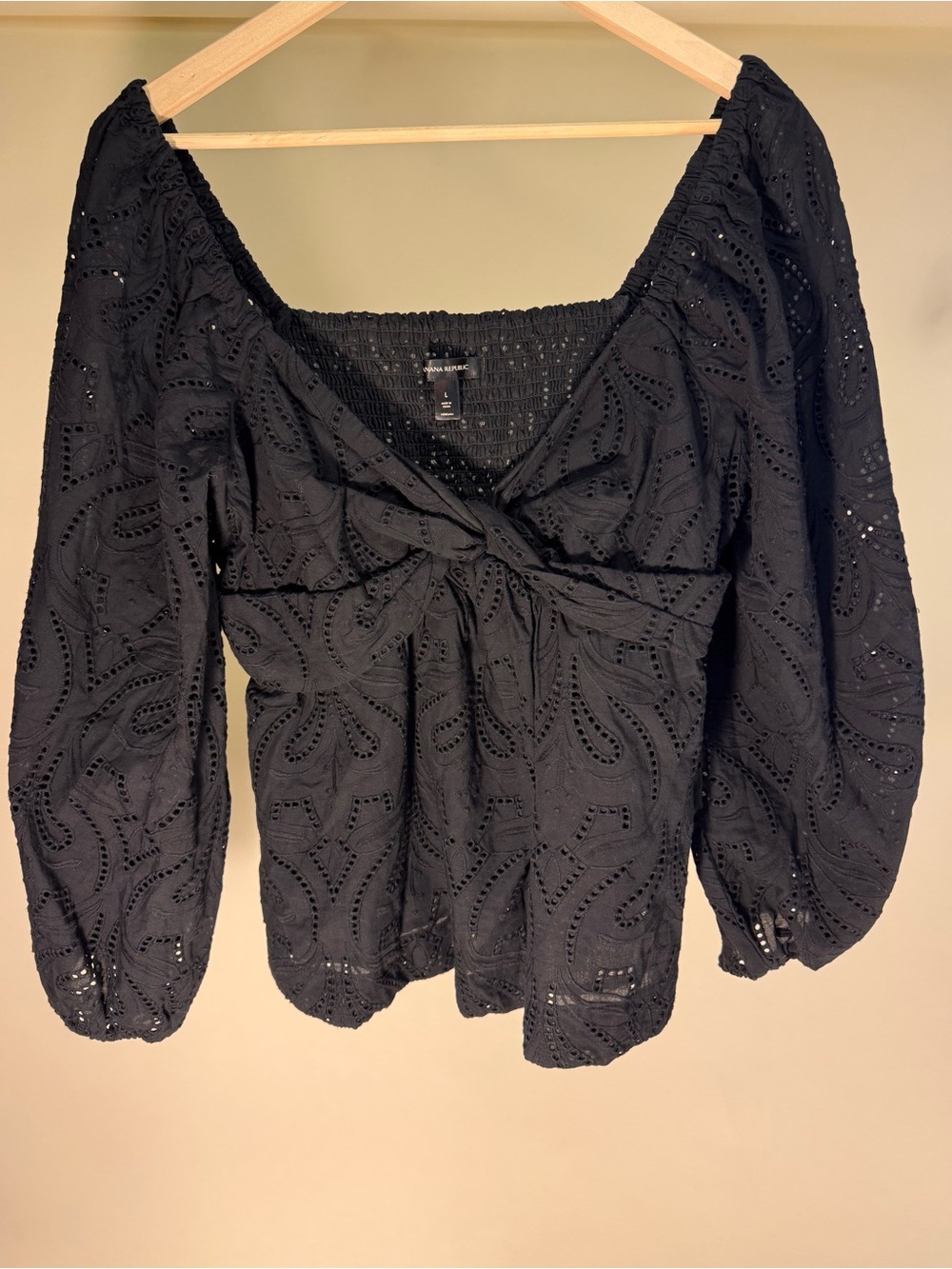 Banana Republic Black Eyelet Peasant Top - twist front